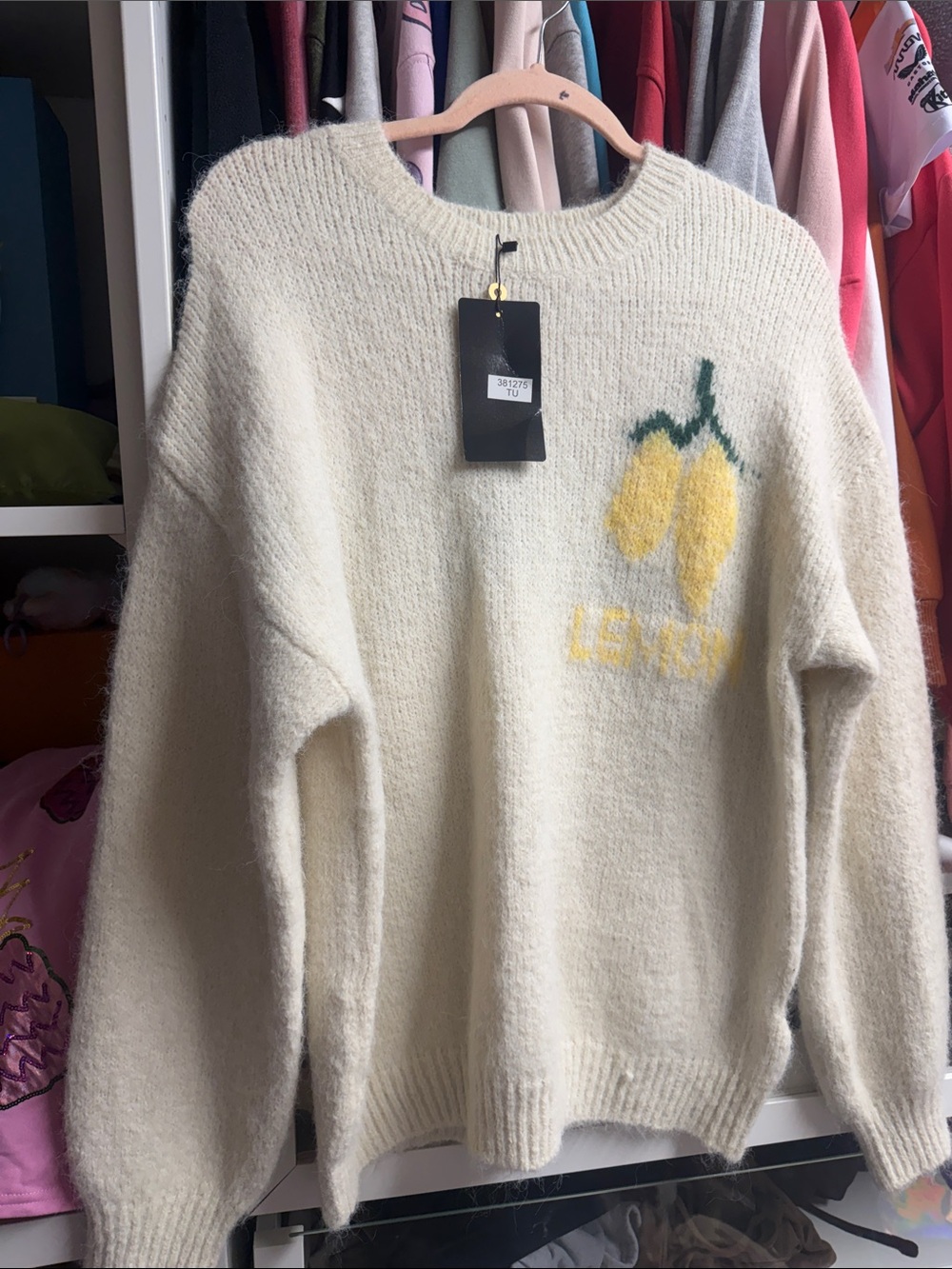 Cream Lightweight Crewneck Sweater with Yellow Lemon Motif